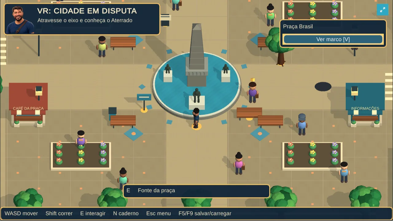 Captura real do RPG, com Alexandre na Praça Brasil, jardins e monumento